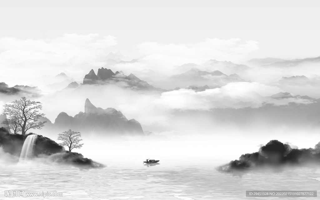 中国风灰色客厅山水 tif分层