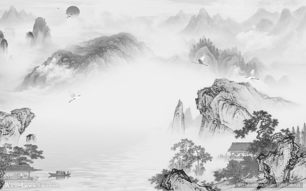 人气灰色简约山水 tif分层