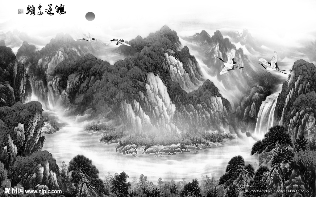热卖别墅墙画山水 TIF分层