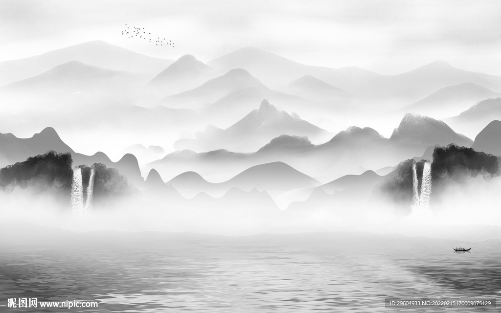 客厅墙画灰色山水 tif分层