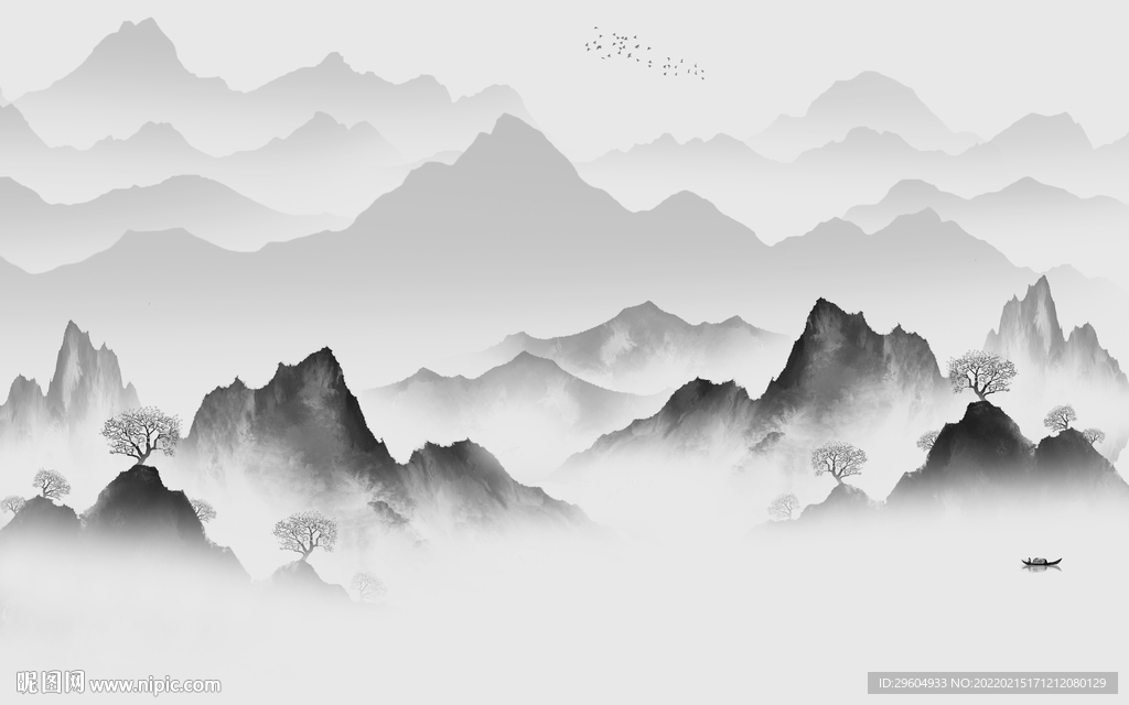 新款 墙画灰色山水 tif分层