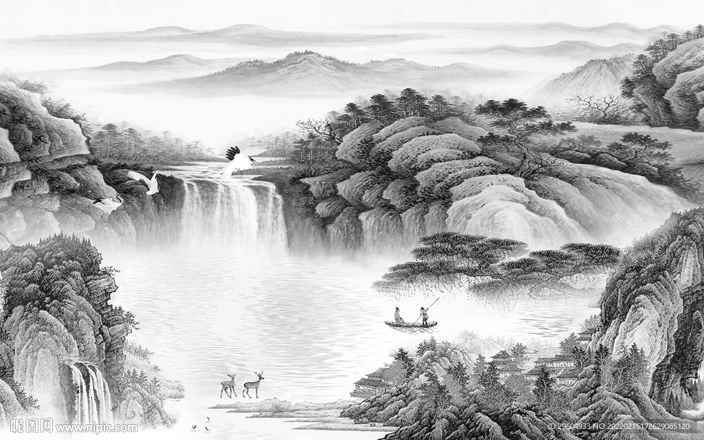 背景 墙画灰色山水 tif分层