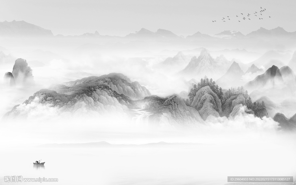 水墨墙画灰色山水 tif分层