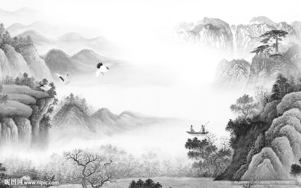 高雅墙画灰色山水 tif分层