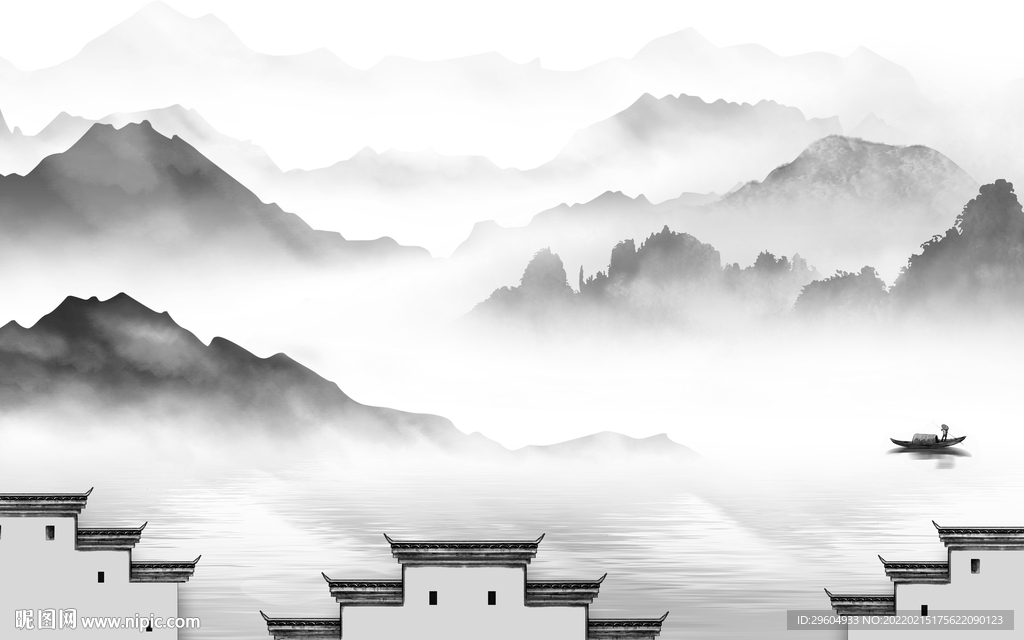 人气墙画灰色山水 tif分层