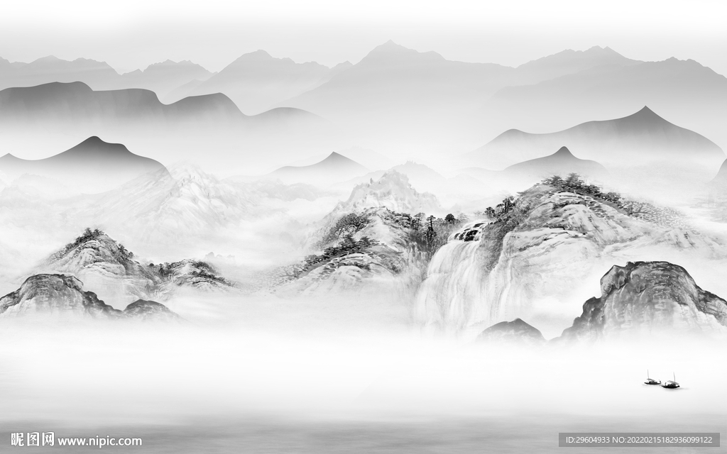 中式 客厅灰色山水 tif分层