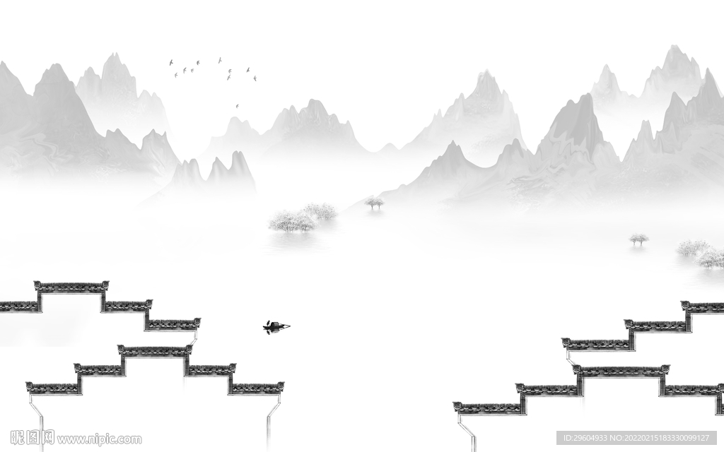 徽派 墙画灰色山水 tif分层