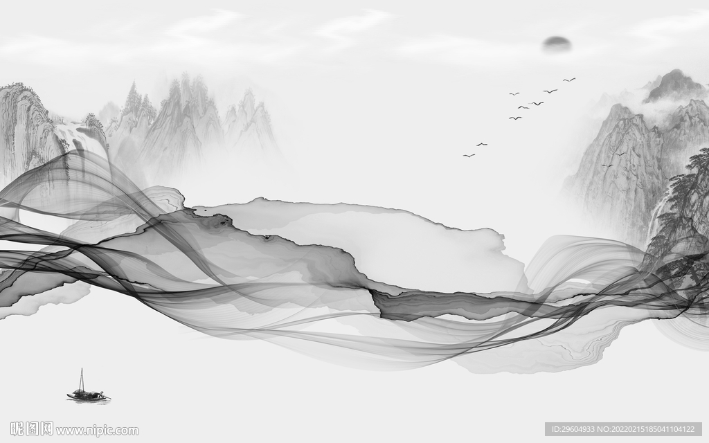 线条 墙画灰色山水 tif分层