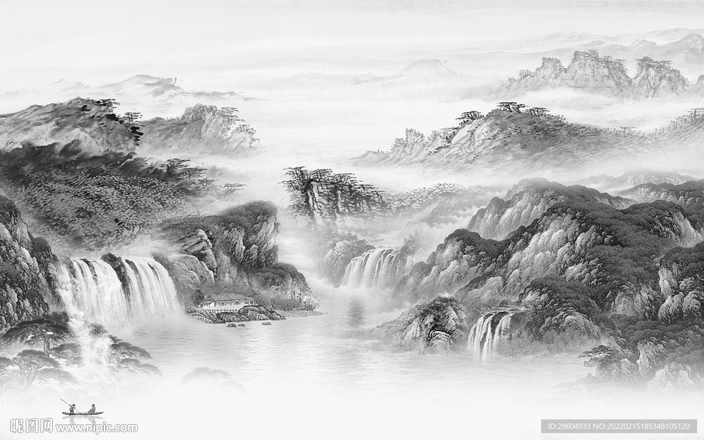 新中式客厅灰色山水 tif分层