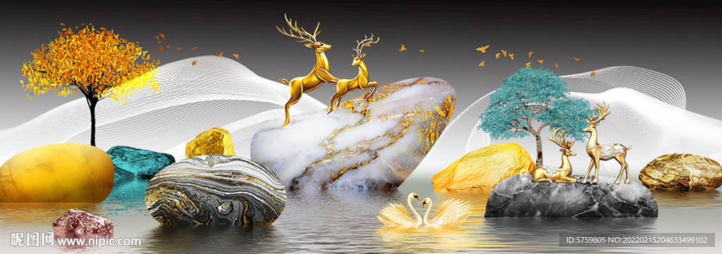 麋鹿山水装饰画