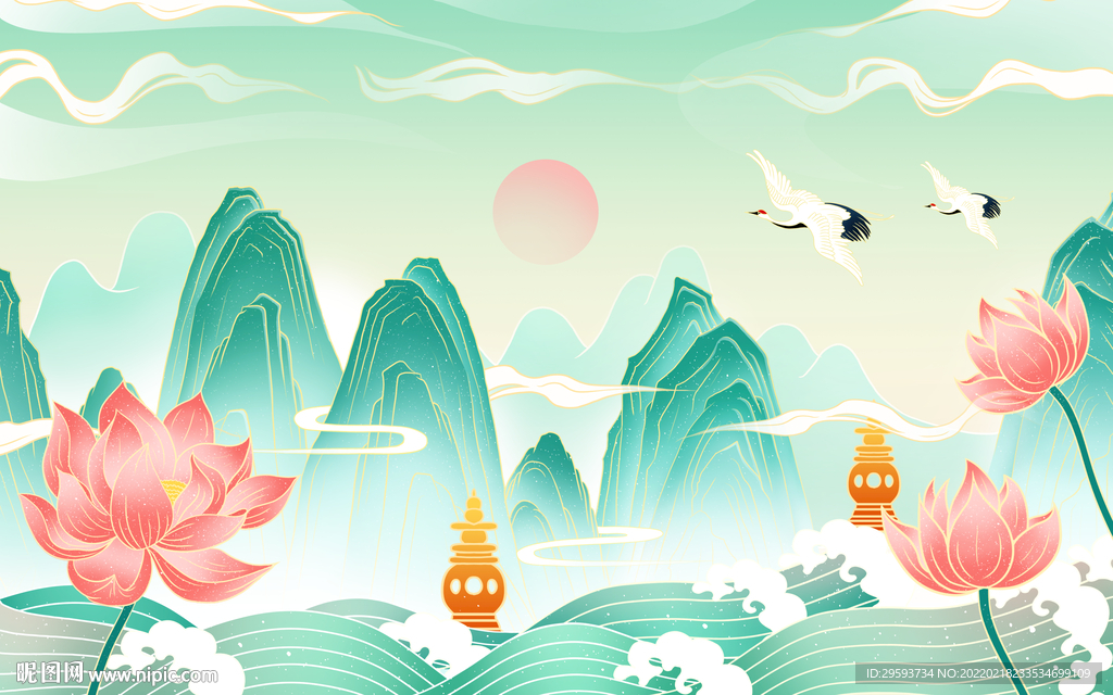 中国国潮风格古风山水插画
