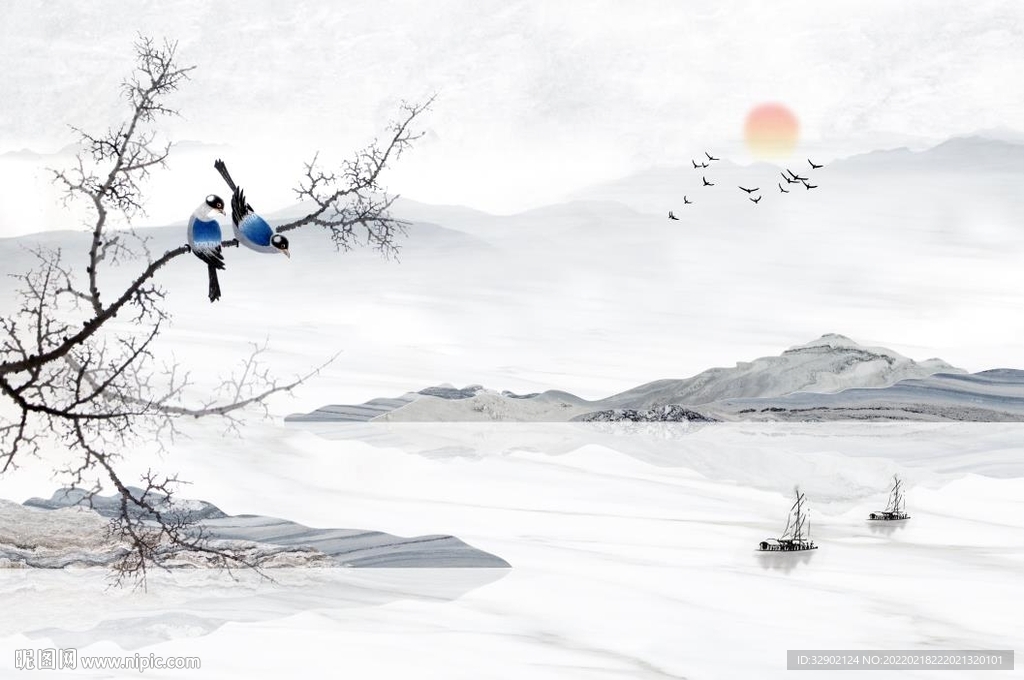 中式水墨花鸟背景墙