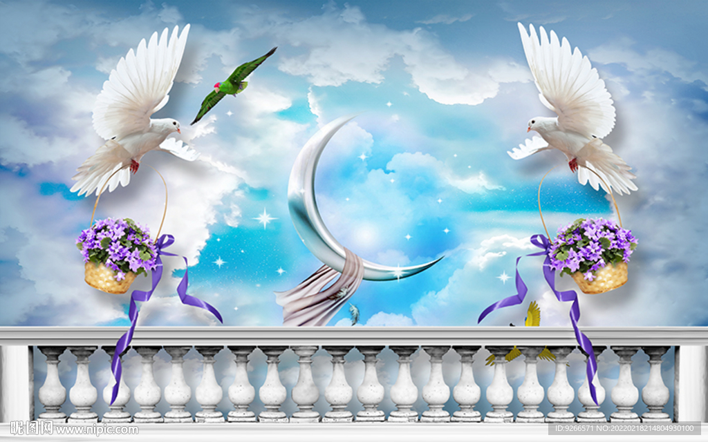 蓝天白云海景花鸟帆船阳光背景墙