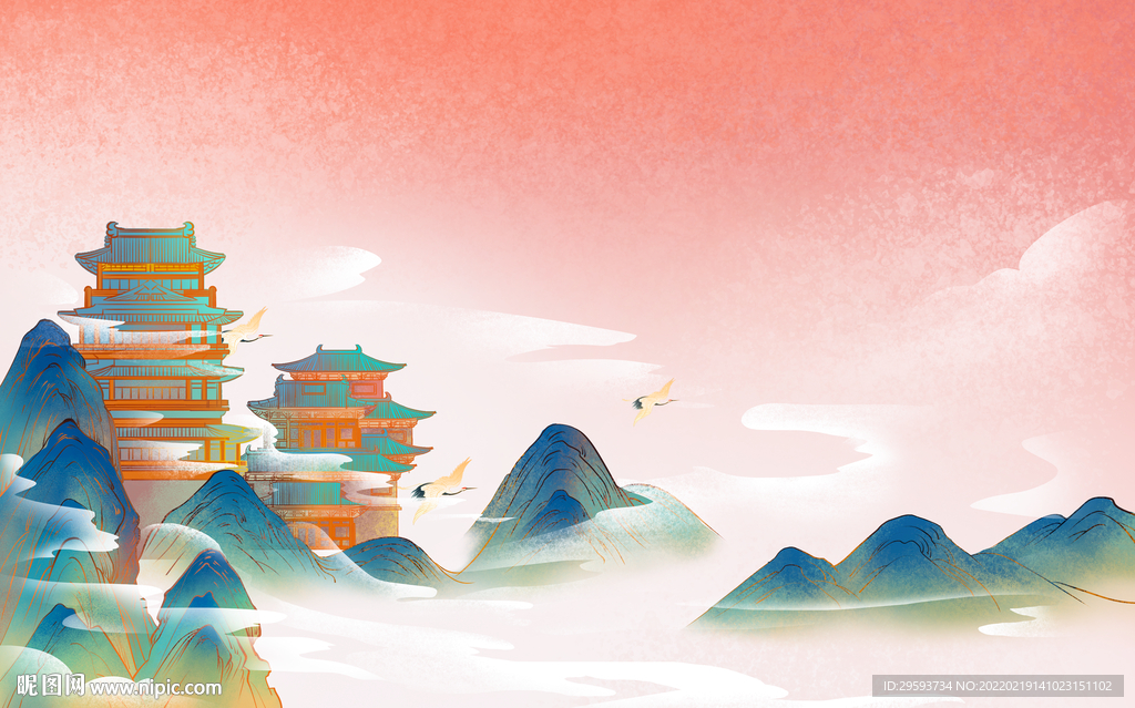 中国风国潮建筑原创插画背景
