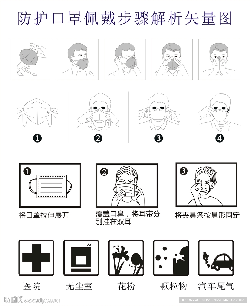 口罩佩戴方法步骤矢量图