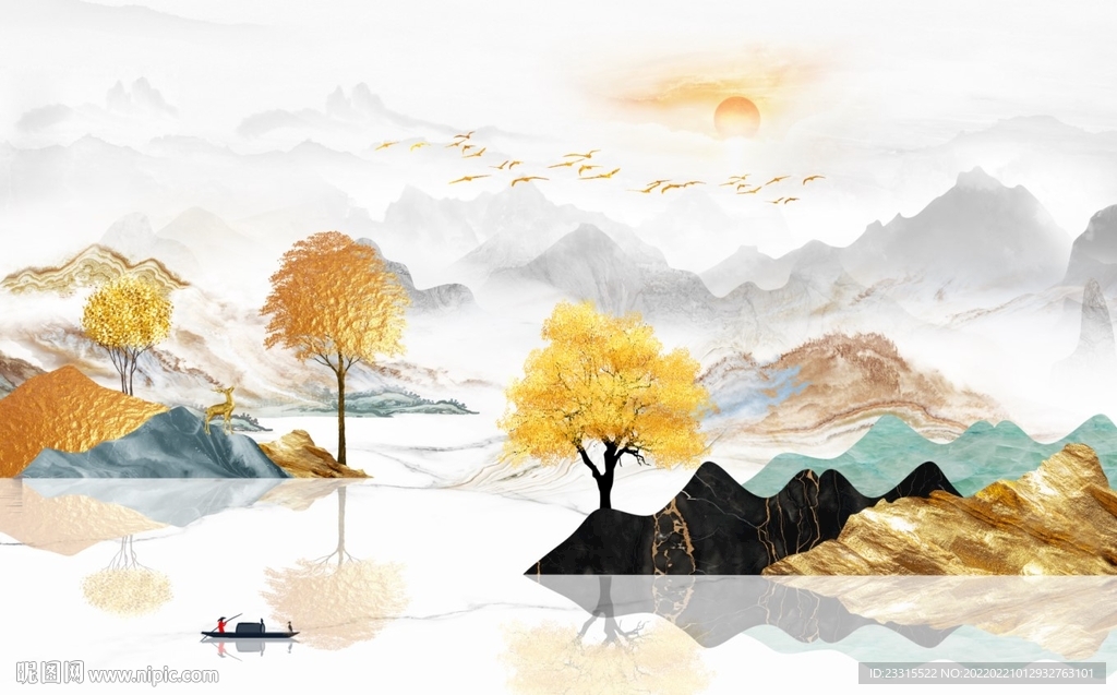 简约现代金山金树电视背景墙