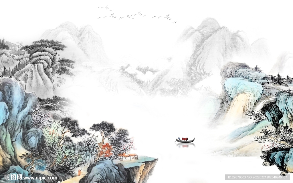 国画 别墅背景山水 TIF分层