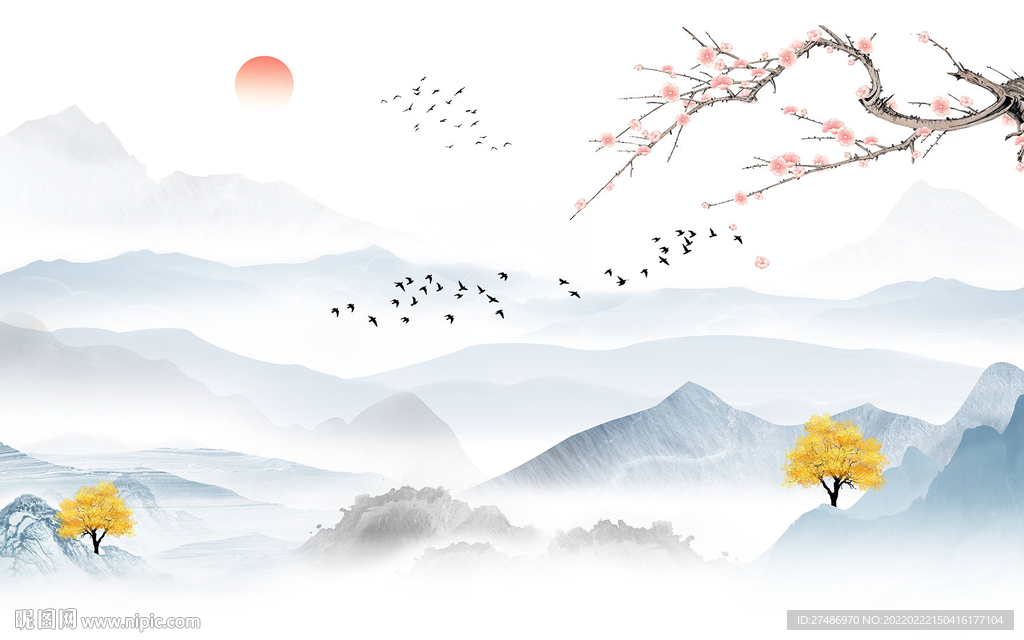 新中式花开富贵山水电视背景墙