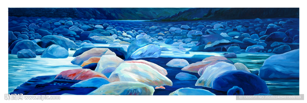 蓝色岩石滩手绘油画