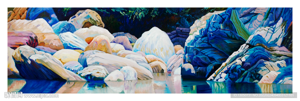 蓝色山涧流水岩石手绘油画