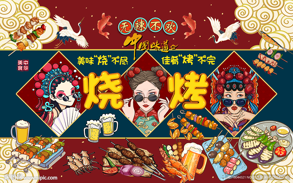 国潮风烧烤美女工装背景墙