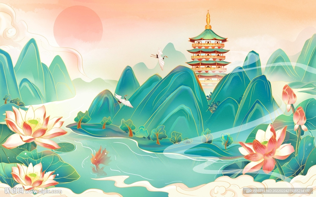 绿色国潮中国风插画设计背景