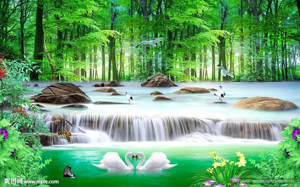 树林流水生财背景墙