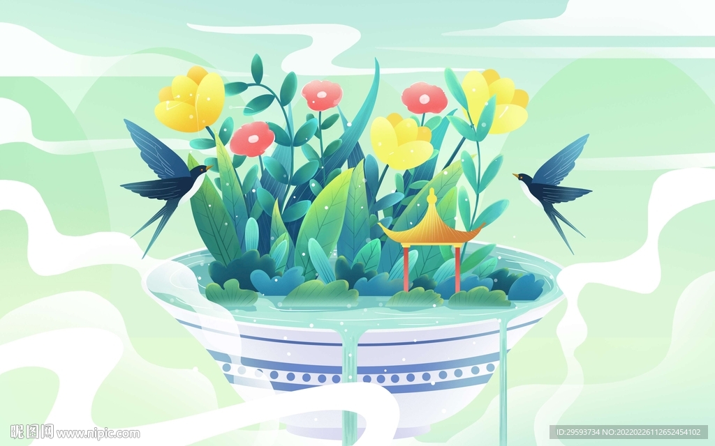 绿色植物国潮春天插画背景