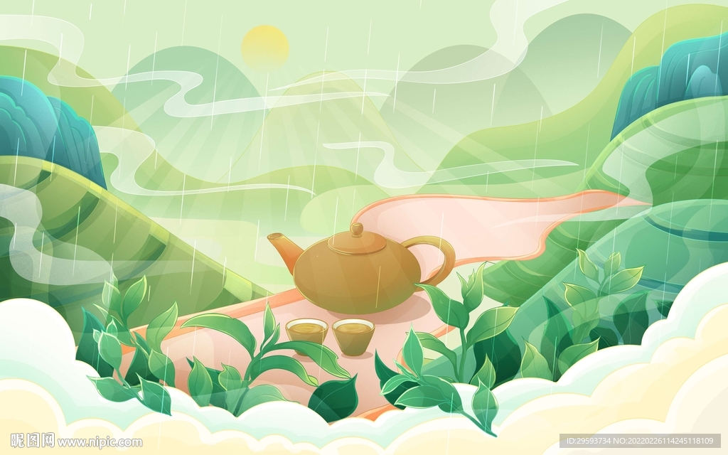 国潮茶叶卡通春茶插画绿色春天