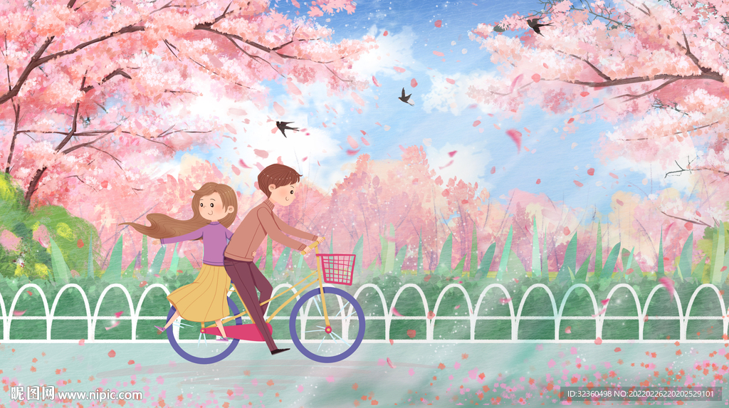 樱花树下骑行车的情侣创意插画 