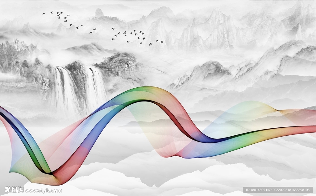 高山流水简约现代新中式背景墙