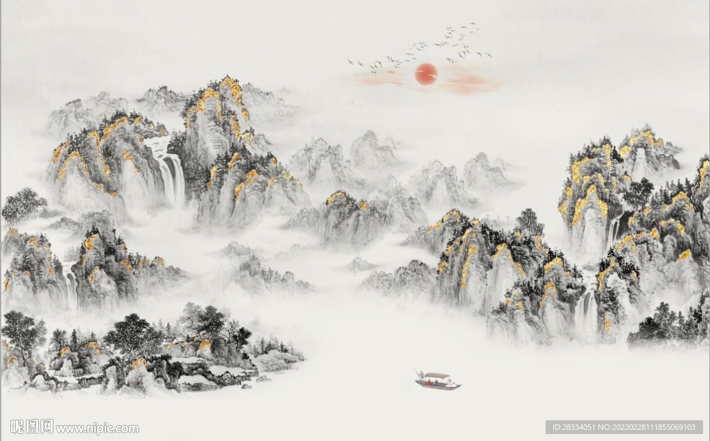 新中式水墨山水国画电视背景墙