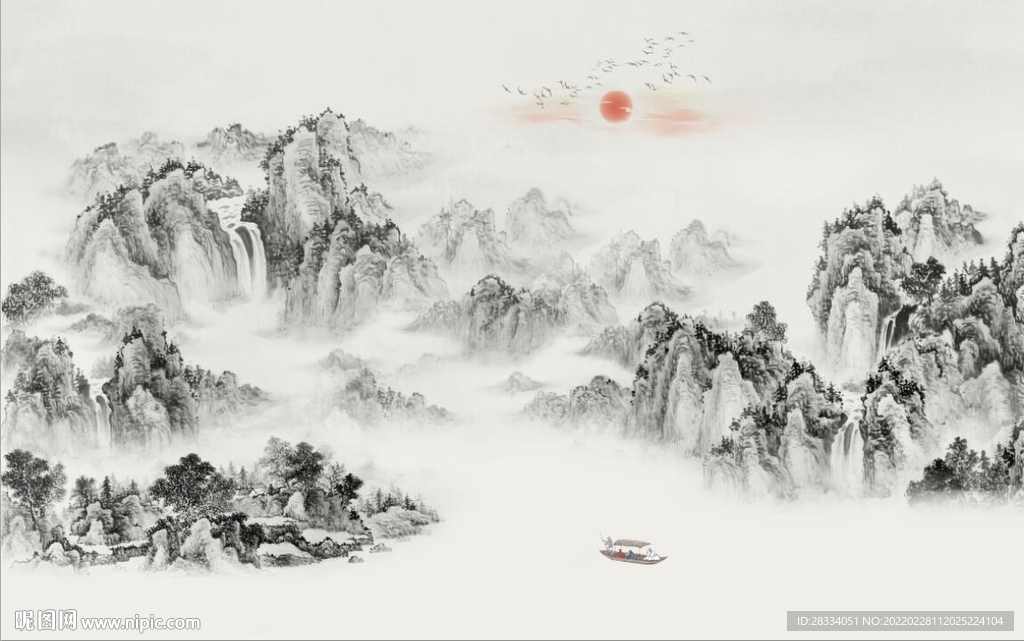 新中式水墨山水国画电视背景墙