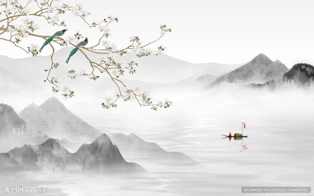 花鸟山水新中式电视背景墙