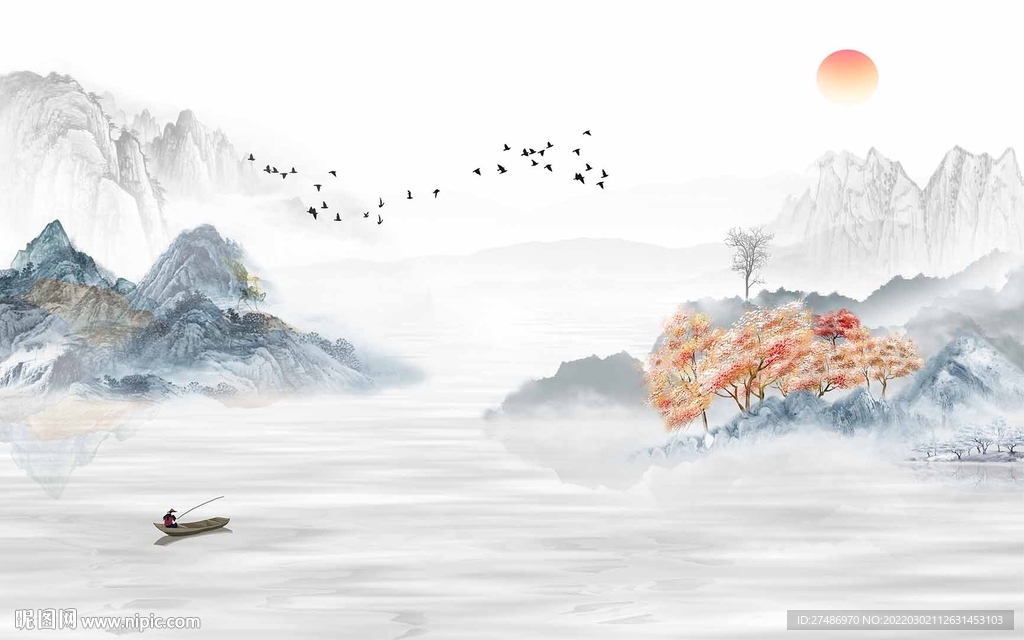 新中式国画意境山水电视背景墙