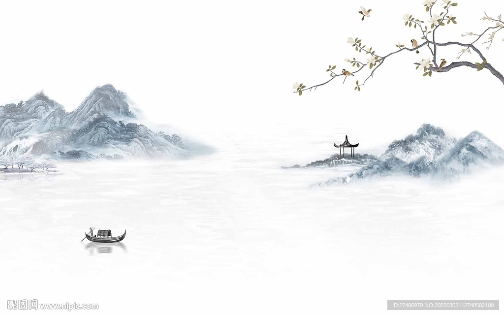 蓝色意境花鸟山水电视背景墙