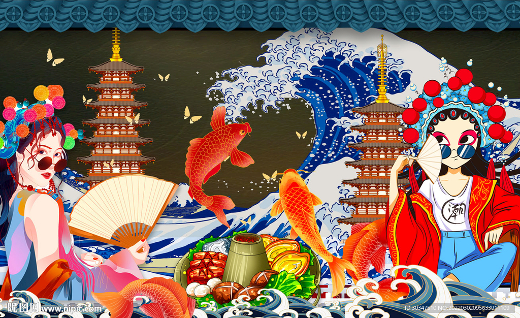 国潮火锅美食背景墙