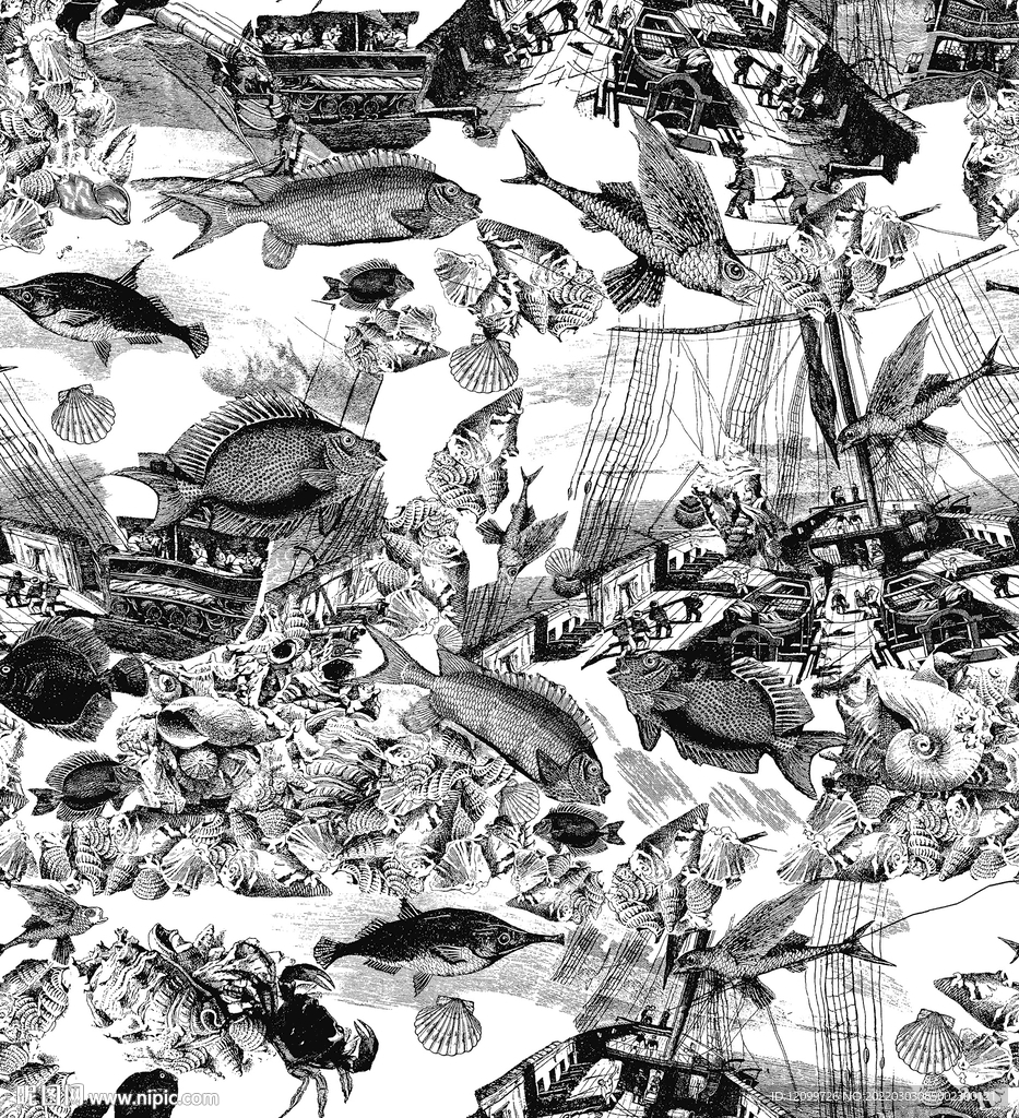 数码印花 手绘 线条鱼花