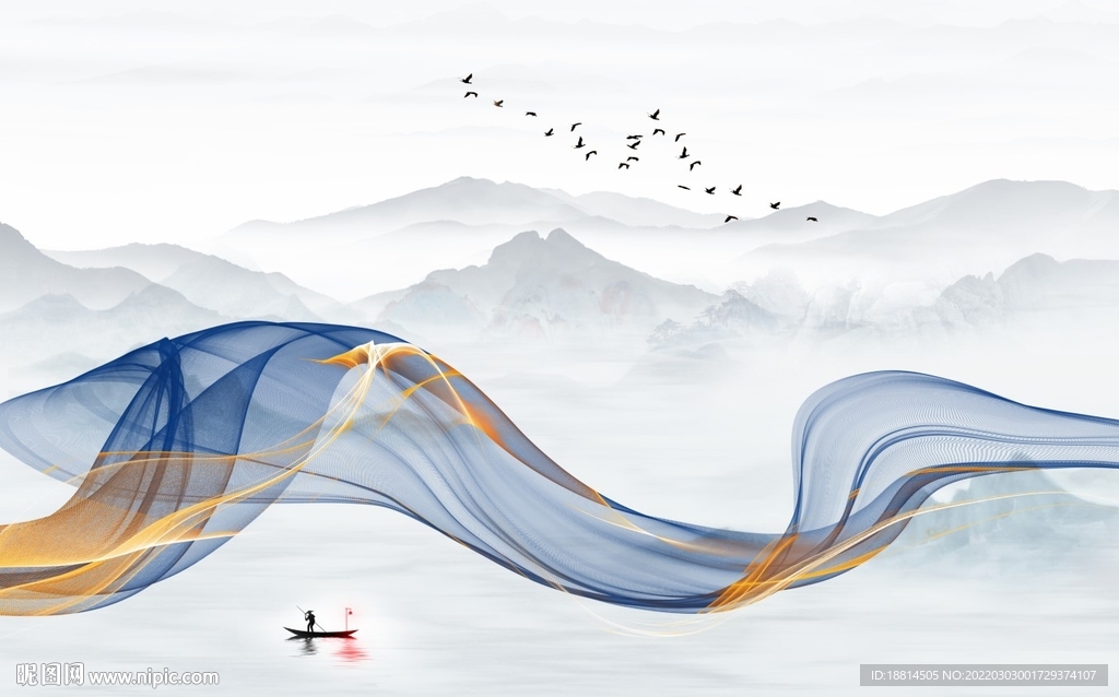 简约小船山水新中式电视背景墙