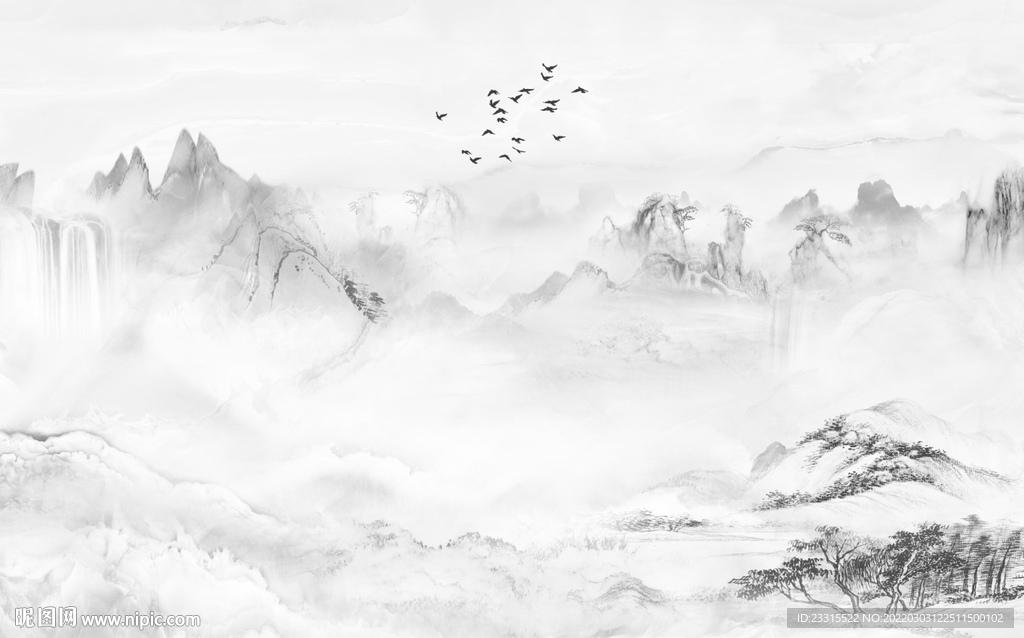 雅士白水墨山水画新中式背景墙