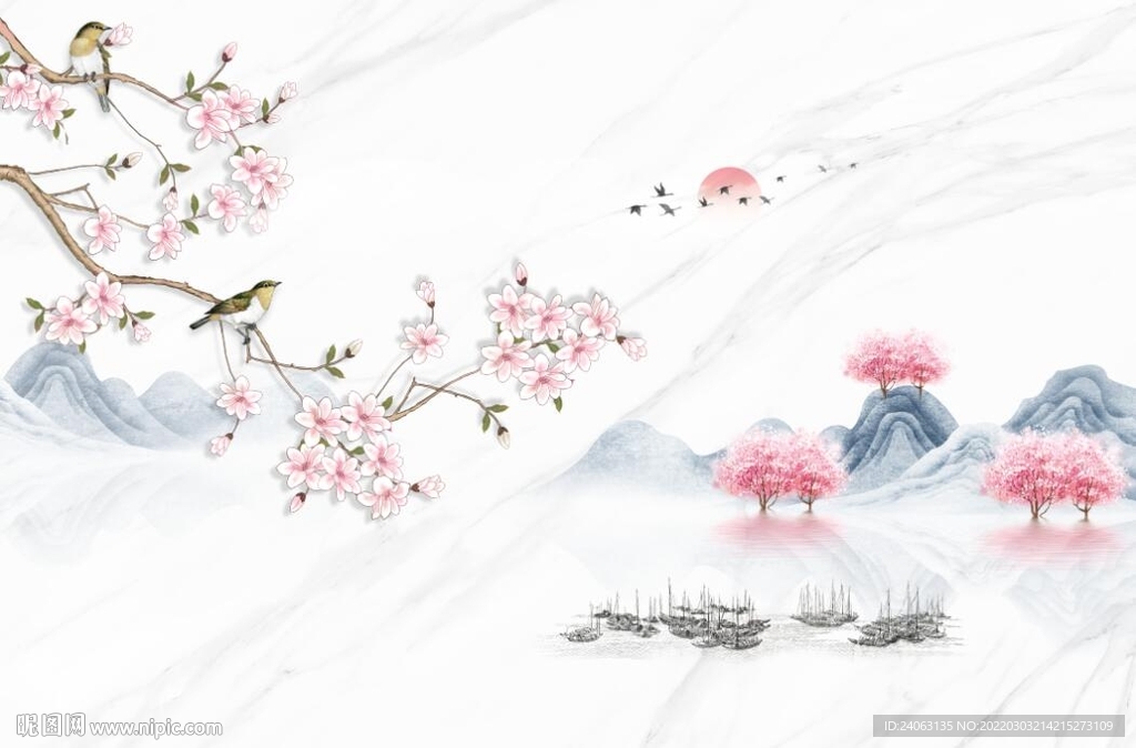 山水画玉兰背景墙