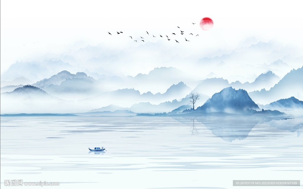 新中式浅蓝色山水电视背景墙