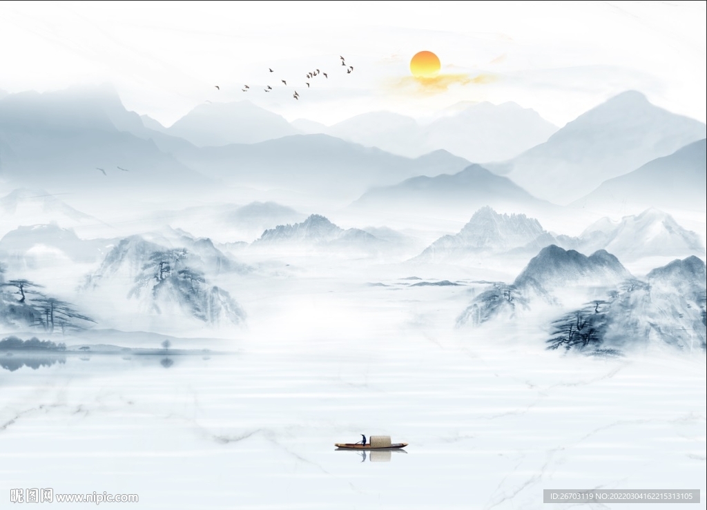 浅蓝色水墨山水电视背景墙0