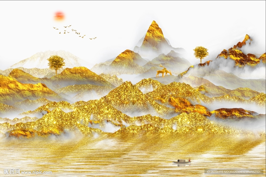 新中式意境轻奢金色山水电视背景