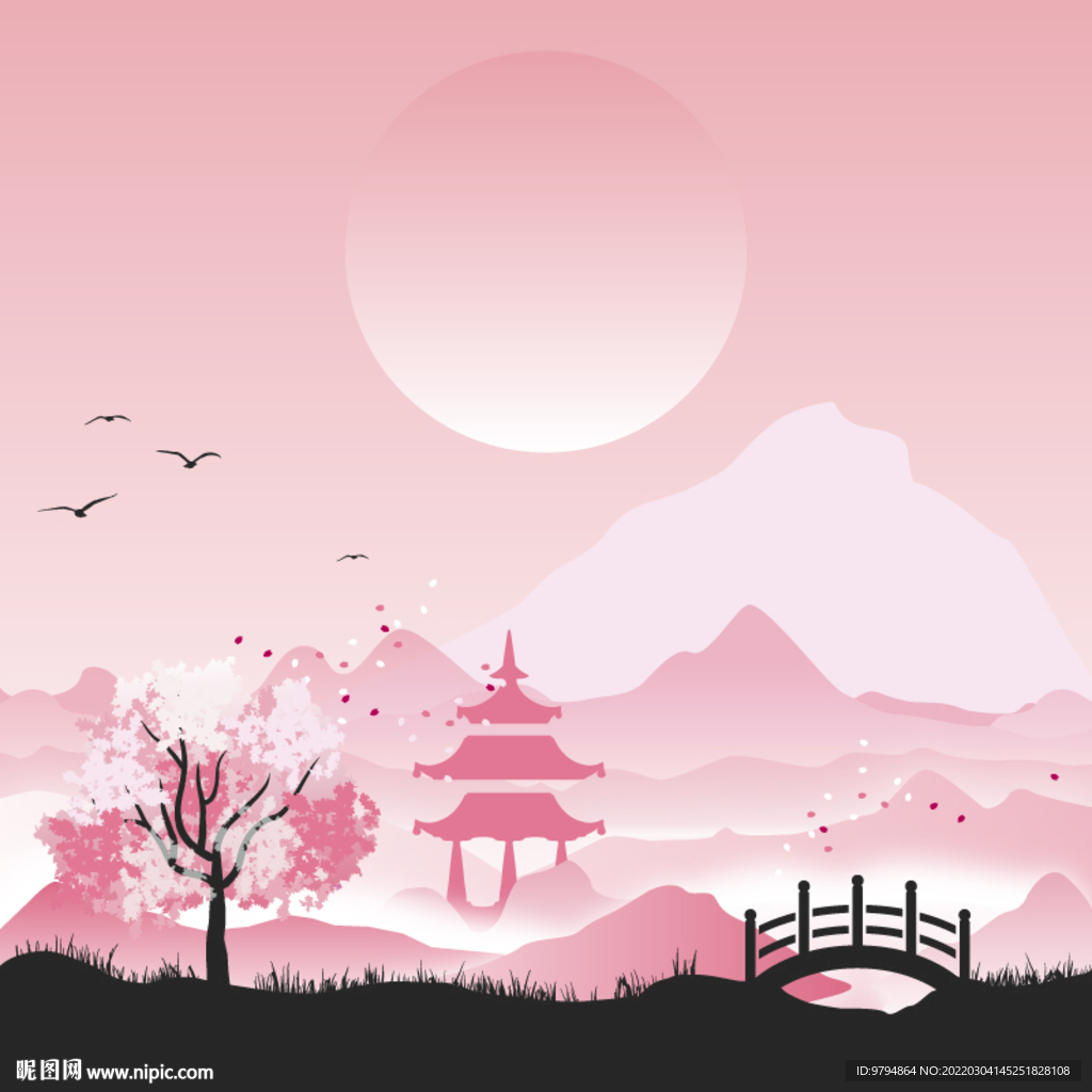 日本风格矢量插画小桥流水