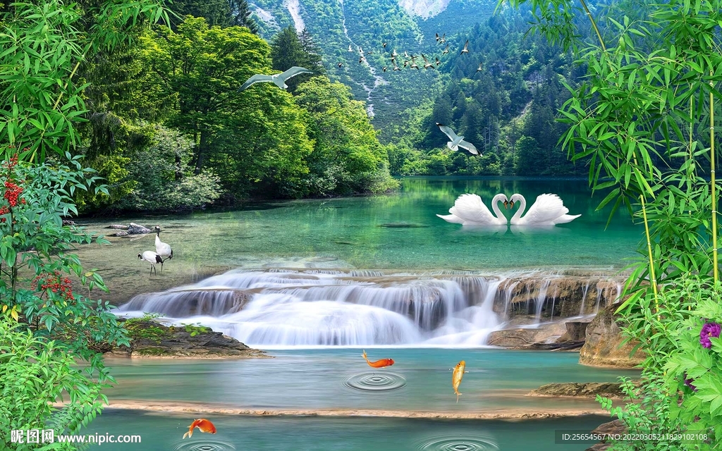 唯美山水自然流水瀑布电视背景墙