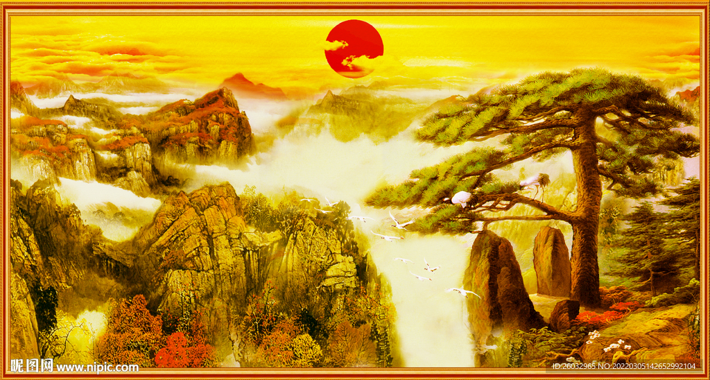 巨高端旭日东升迎客松背景装饰画