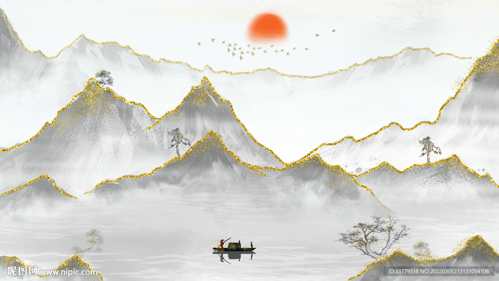 太阳山水金箔新中式海报