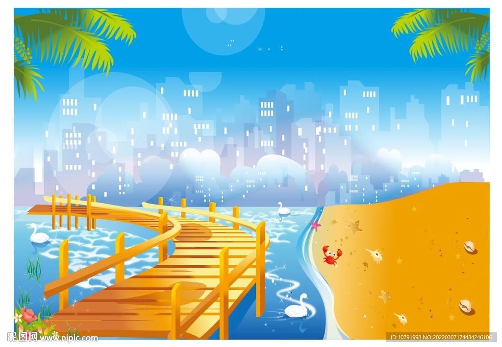 城市剪影夏季海边桥椰子