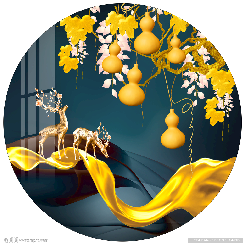 金色葫芦五福临门麋鹿圆形装饰画